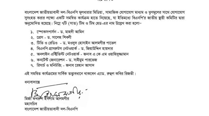 বিএনপির প্রতিটি স্তরে যোগাযোগ শক্তিশালী করতে ৭ টিমে সমন্বিত কার্যক্রম শুরু