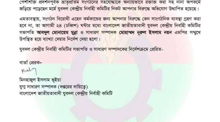 নোয়াখালী: স্বেচ্ছাসেবক দলের নেতাকে রক্তাক্ত করার অভিযোগে হাতিয়া যুবদল আহ্বায়ককে শোকজ